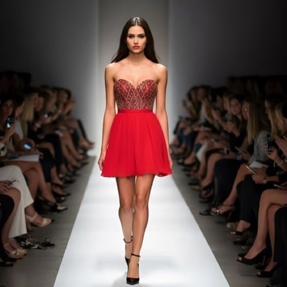 Elegant Red Beaded Dress Alyce Paris Strapless 2